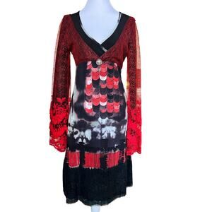 Save the Queen Italy Art Print Lace Sleeve Dress Red Black Long Sleeve Y2K L
